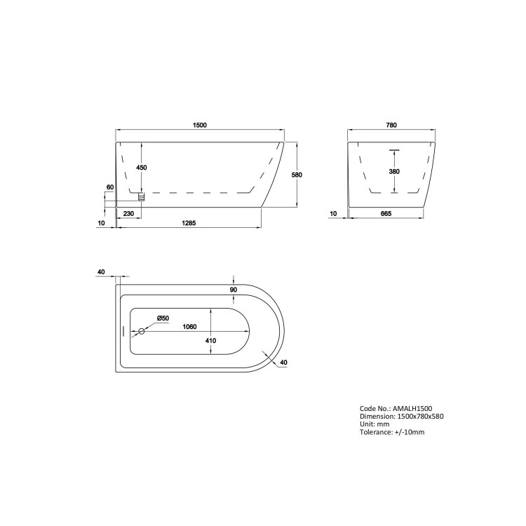 Freestanding Shower Bath Single Ended Left Hand Corner with Brass Bath Screen 1500 x 800mm - Amaro