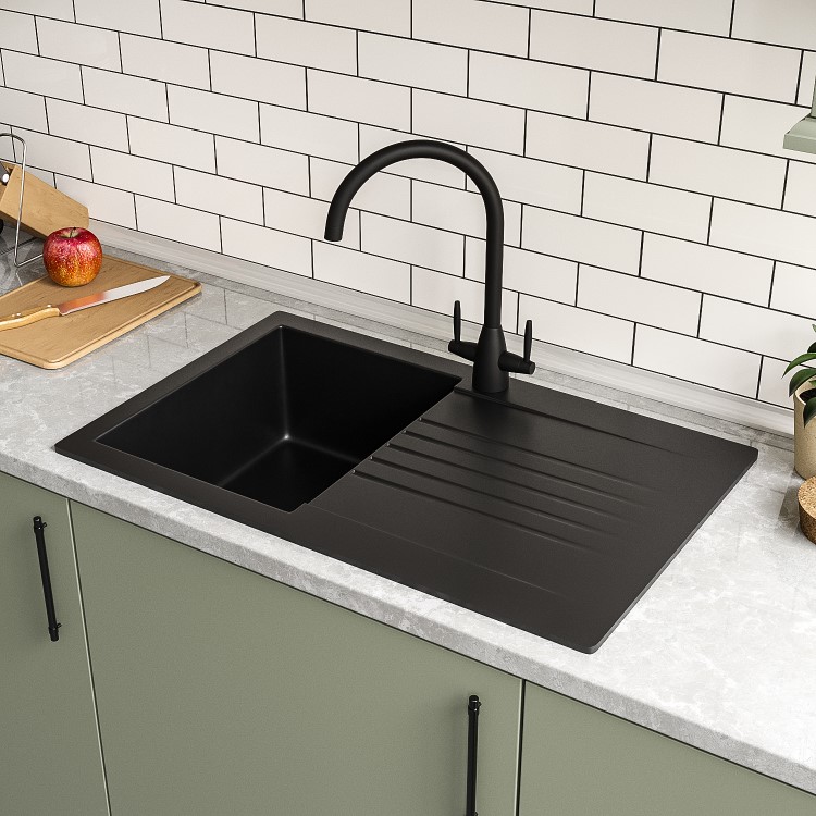 GRADE A1 - 1 Bowl Black Composite Small Kitchen Sink with Reversible Drainer - Essence Amelia