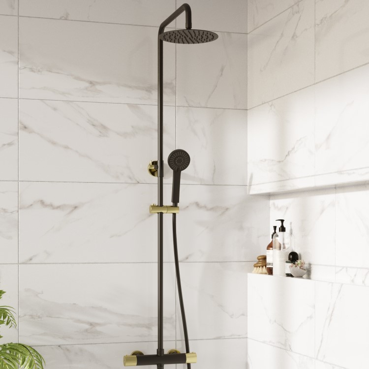 Black and Brass Thermostatic Bar Mixer Shower Set with Slide Rail Kit & Hand Shower - Arissa