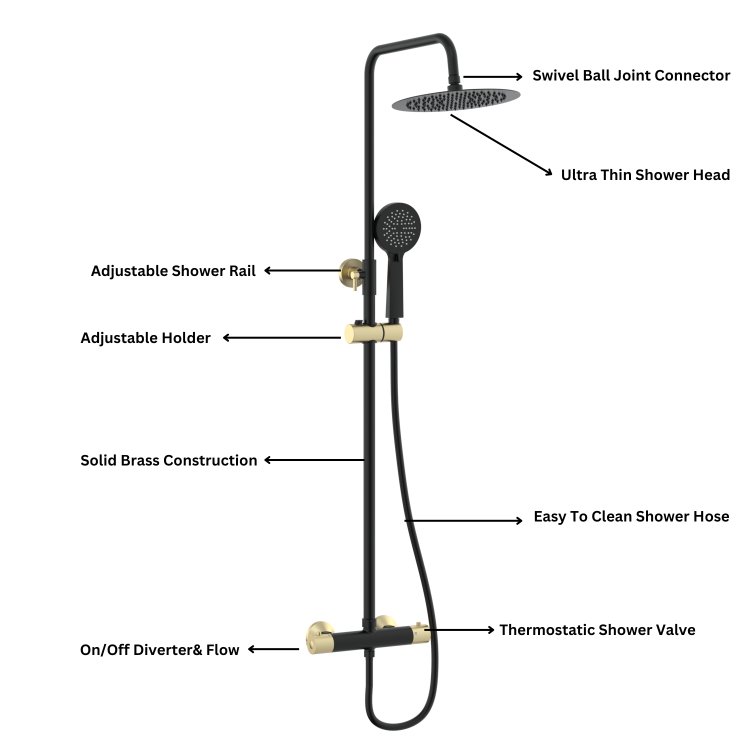 Black and Brass Thermostatic Bar Mixer Shower Set with Slide Rail Kit & Hand Shower - Arissa