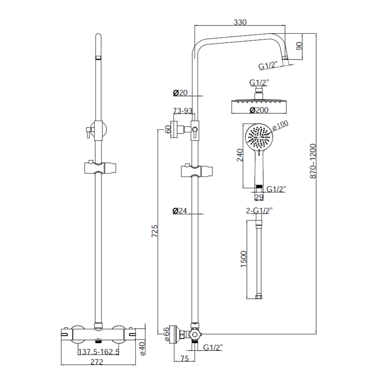 Black and Brass Thermostatic Bar Mixer Shower Set with Slide Rail Kit & Hand Shower - Arissa