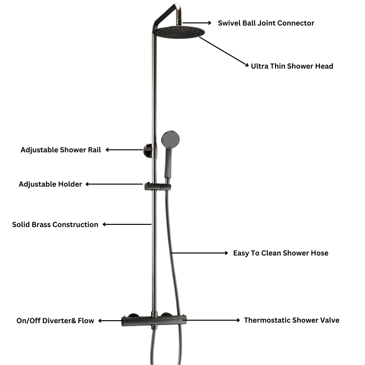 Gunmetal Grey Thermostatic Bar Mixer Shower Set with Slide Rail Kit & Hand Shower - Arissa