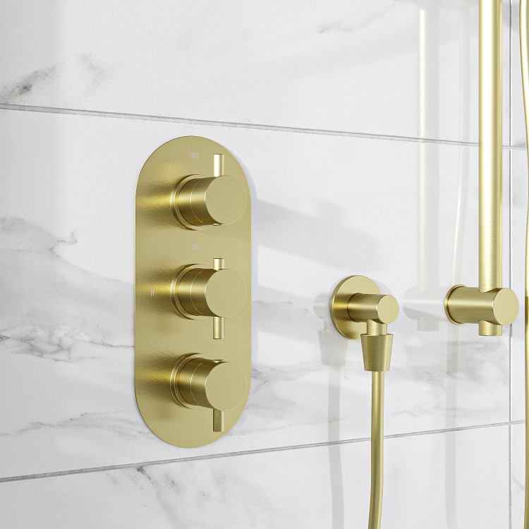 Brushed Brass 2 Outlet Concealed Thermostatic Shower Valve with Triple Control - Arissa