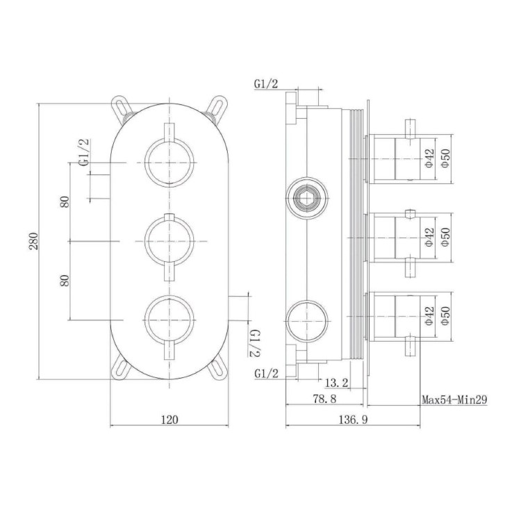 Brushed Brass 2 Outlet Concealed Thermostatic Shower Valve with Triple Control - Arissa