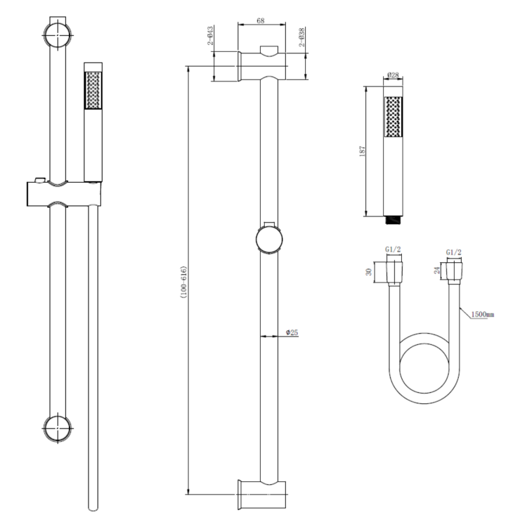 Brushed Brass  Round Adjustable Height Slide Rail Kit with Hand Shower - Arisssa