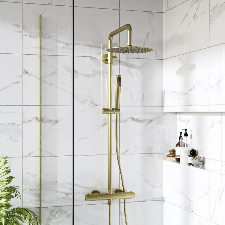 Brushed Brass Thermostatic Bar Mixer Shower Set with Slide Rail Kit & Pencil Hand Shower - Arissa