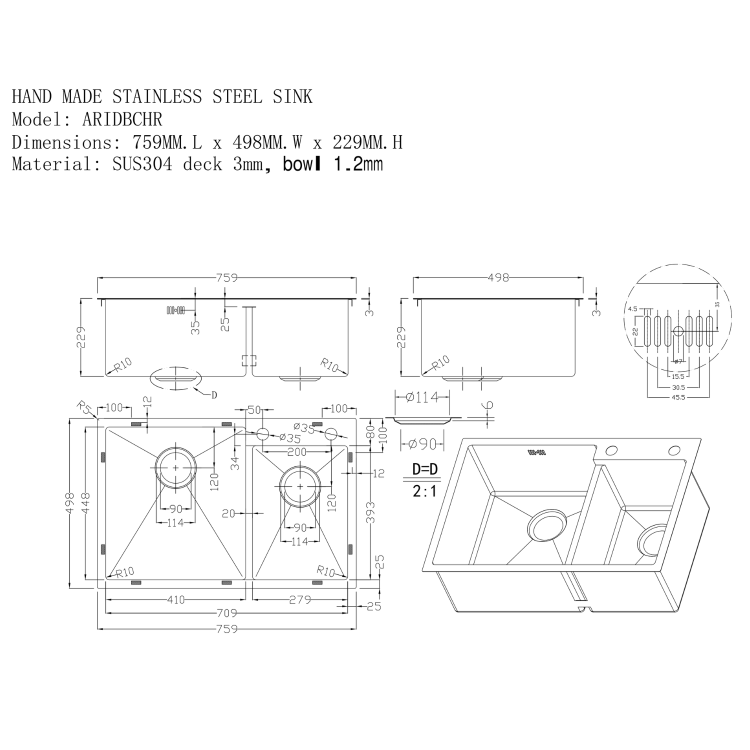 1.5 Bowl Chrome Inset Stainless Steel Kitchen Sink- Enza Aria