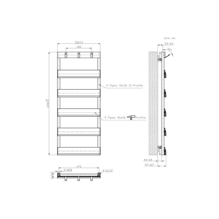 Black Towel Radiator with Hooks 1200 x 500mm - Arizona