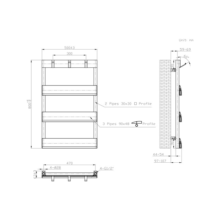 Black Towel Radiator with Hooks 800 x 500mm - Arizona