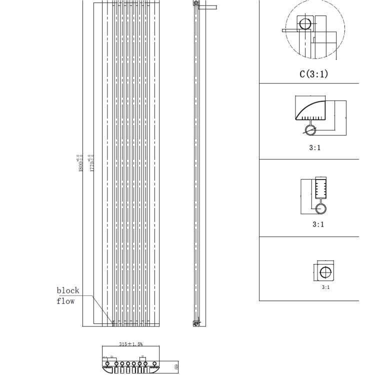 White Vertical Single Panel Corner Traditional Radiator 1800 x 315mm – Aster