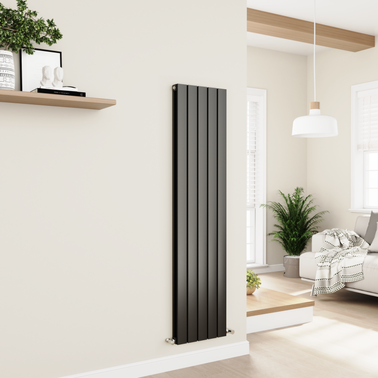 Eco Eleganza Midnight Black Vertical Flat Designer Aluminium Radiator 1600x375mm Double Panel 3374 BTU