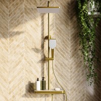 Brushed Brass Thermostatic Mixer Shower Set with Push Button & Shelf - Mika