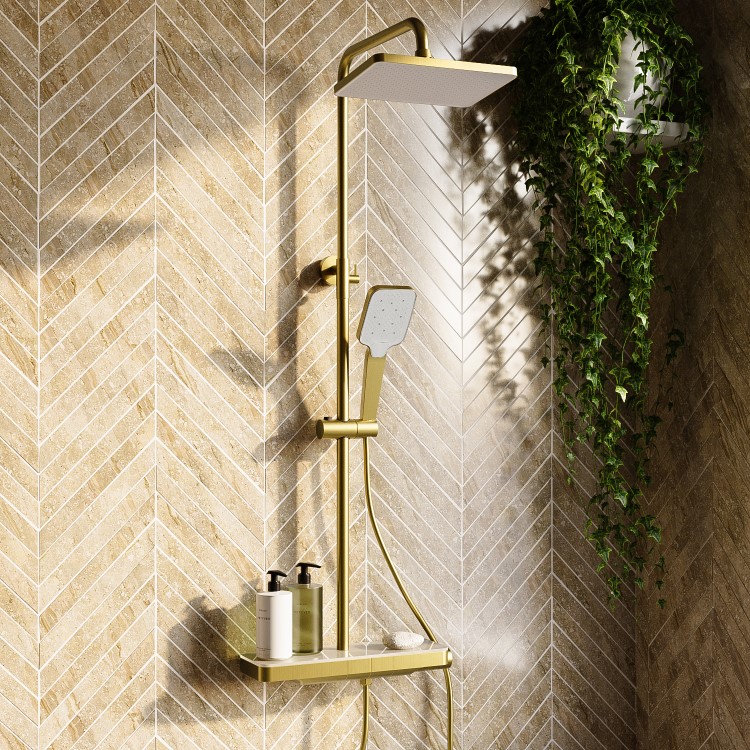 Brushed Brass Thermostatic Mixer Shower Set with Push Button & Shelf - Mika