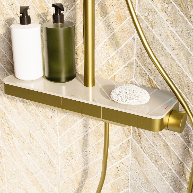 Brushed Brass Thermostatic Mixer Shower Set with Push Button & Shelf - Mika