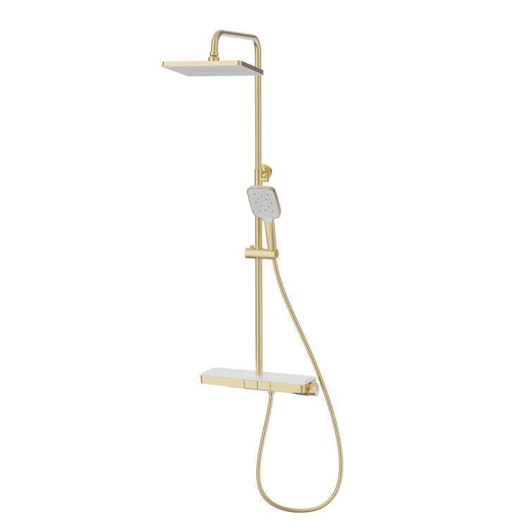 Brushed Brass Thermostatic Mixer Shower Set with Push Button & Shelf - Mika