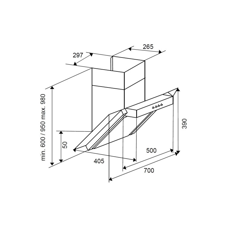 Baumatic BE700GL Angled Stainless Steel And Glass 70cm Wide Chimney Cooker Hood