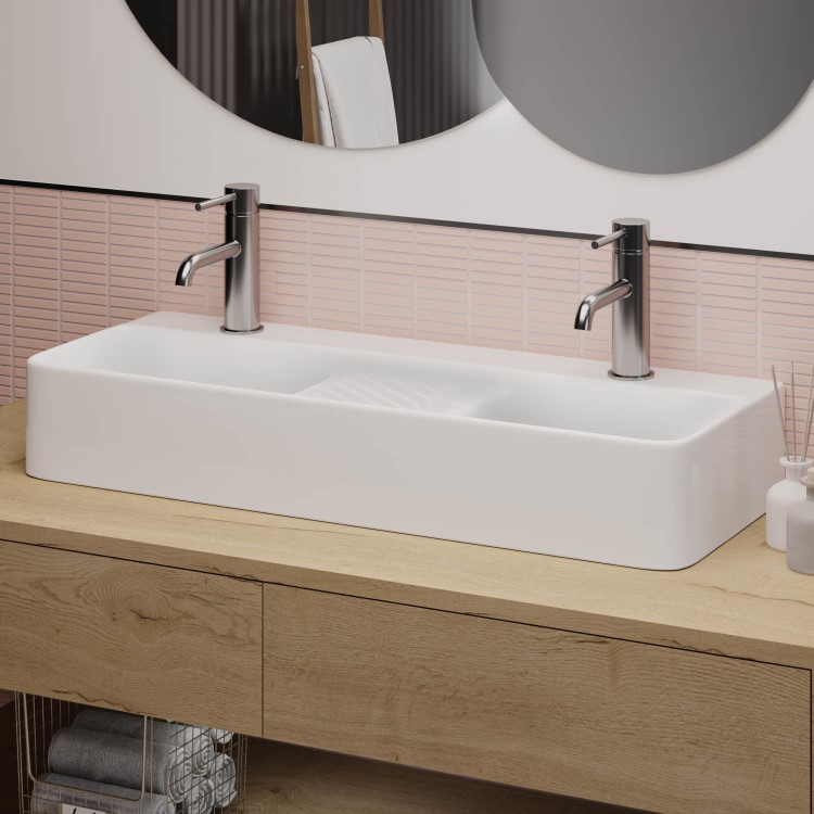 White Square Countertop Double Basin 800mm - Bowen