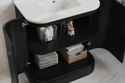 Black Basin Vanity Unit with Doors Open