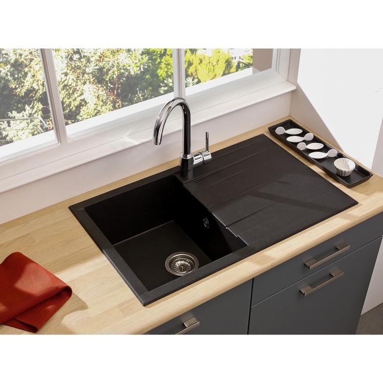 Single Bowl Black Composite Kitchen Sink with Reversible Drainer- Rocklite Bredon