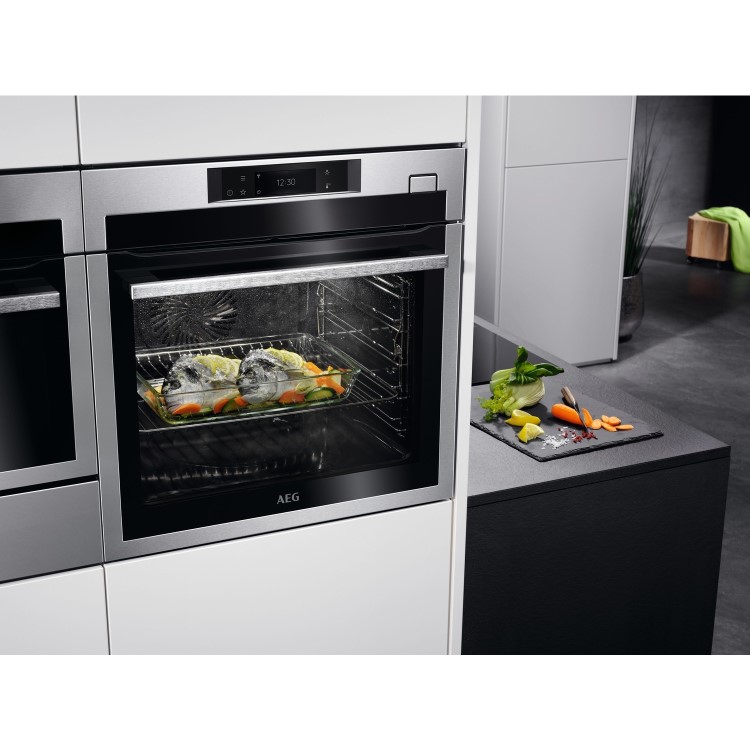 AEG 7000 Series SteamCrisp Pyrolytic Self-Cleaning Digital Electric Single Oven with Food Probe - Stainless Steel