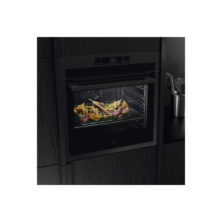 Refurbished AEG 7000 SteamCrisp BSE778380T 60cm Single Built In Electric Oven With Pyrolytic Cleaning Matt Black