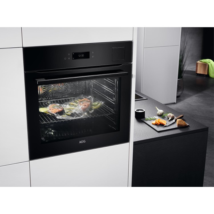 Refurbished AEG 9000 Series BSK798280B 60cm Single Built In Electric Oven With Food Sensor & Touch Controls Black