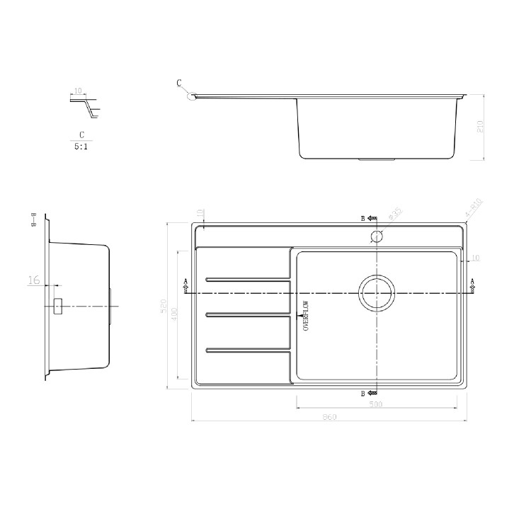 Rangemaster Boston Single Bowl Inset Chrome Stainless Steel Kitchen Sink with Left Hand Drainer