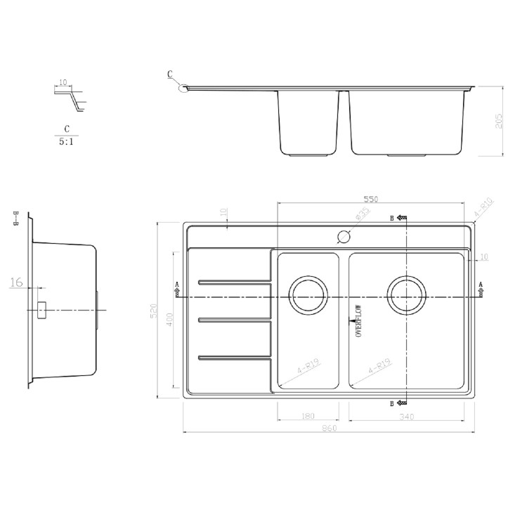 Rangemaster Boston 1.5 Bowl Inset Chrome Stainless Steel Kitchen Sink with Right Hand Drainer