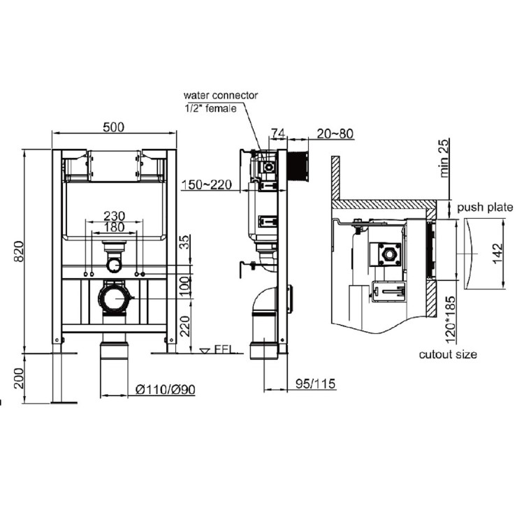 Concealed Cistern 820mm Wall Hung Toilet Frame with Purificare Glass Sensor Pneumatic Flush Plate in Black - Elira