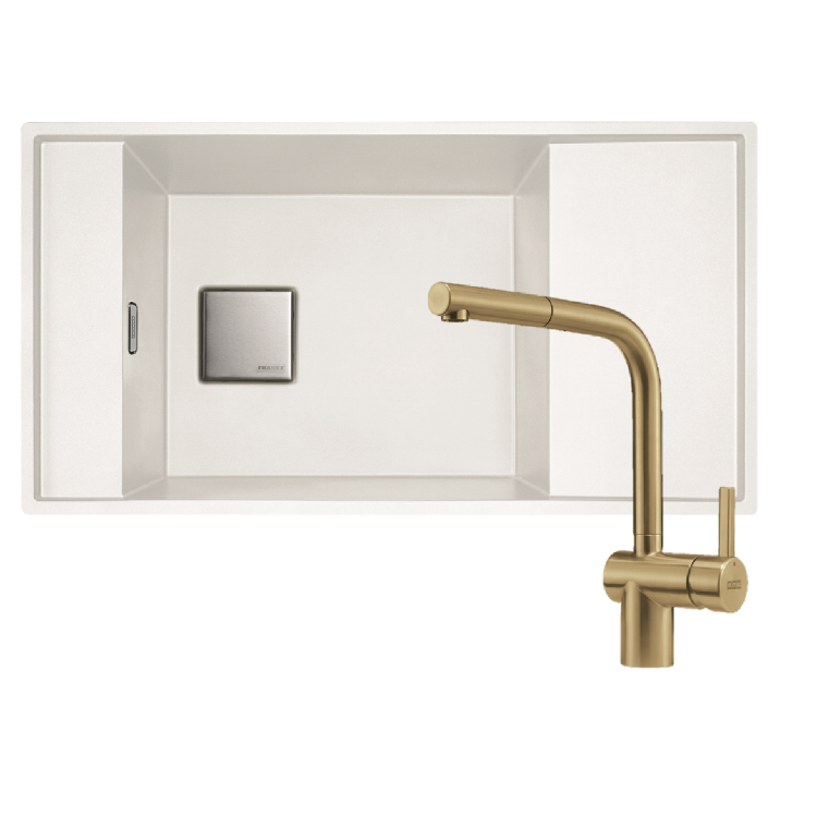 Franke Premium White Fresno Reversible Composite Kitchen Sink & Gold Atlas Neo Pull Out Kitchen Mixer Tap