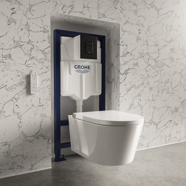 Wall Hung Smart Bidet Japanese Toilet & Grohe Frame Cistern and Black Flush Plate - Purificare