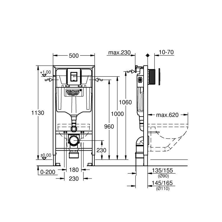 Grohe Solido 1.13m 3-in-1 Set Support Frame for Wall Hung WC with Black Flush Plate