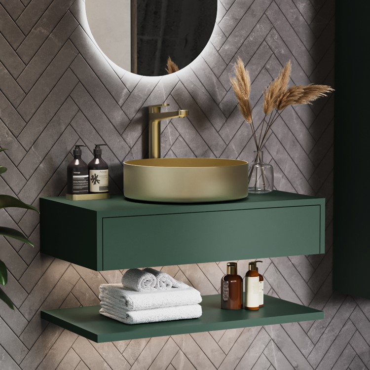 800mm Green Wall Hung Countertop Vanity Unit with Brass Basin and Shelves - Lugo