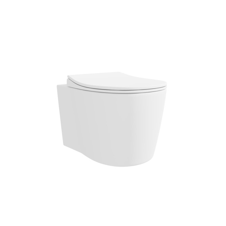 Matt White Wall Hung Rimless Toilet with Soft Close Seat Brass Pneumatic Flush Plate 820mm Frame & Cistern - Verona