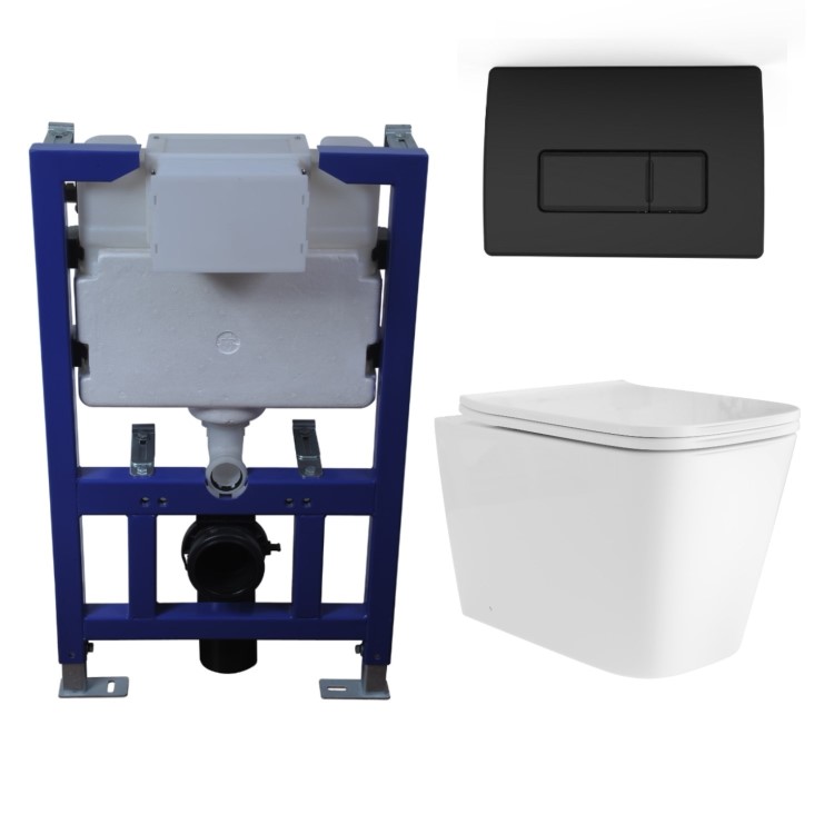 Albi Wall Hung Toilet 820mm Pneumatic Frame & Cistern & Black Flush Plate