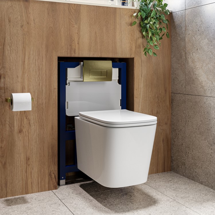 Albi Wall Hung Toilet 820mm Pneumatic Frame & Cistern & Brushed Brass Flush Plate