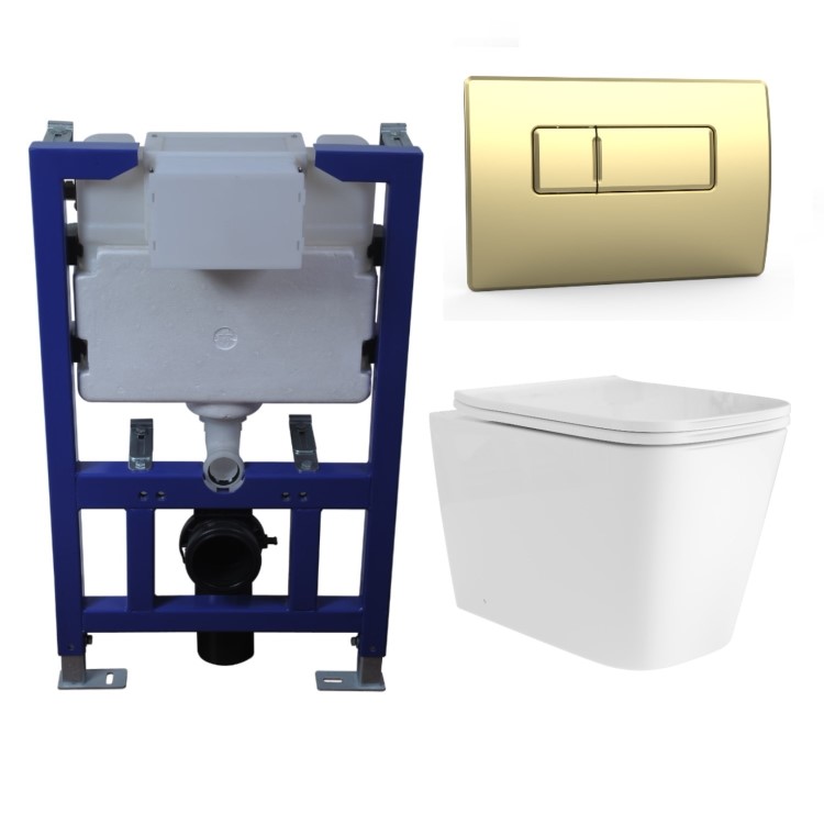 Albi Wall Hung Toilet 820mm Pneumatic Frame & Cistern & Brushed Brass Flush Plate