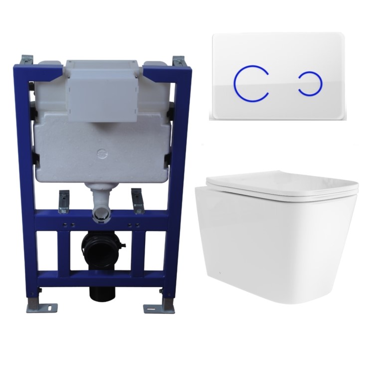 Albi Wall Hung Toilet 820mm Pneumatic Frame & Cistern & White Glass Flush Plate