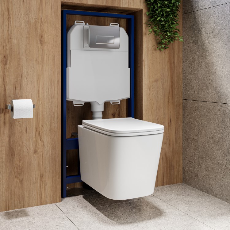 Albi Wall Hung Toilet 1160mm Pneumatic Frame & Cistern & Chrome Flush Plate