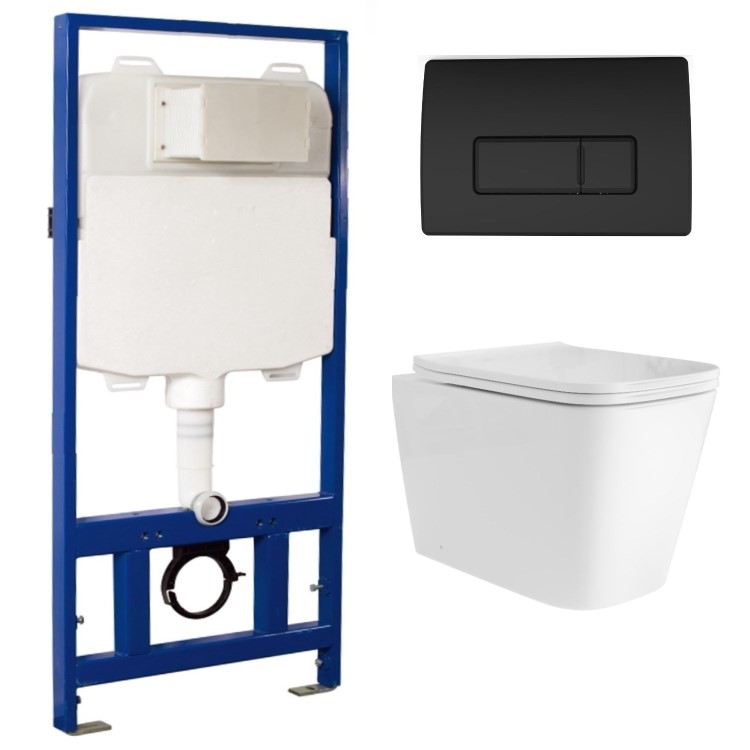 Albi Wall Hung Toilet 1160mm Pneumatic Frame & Cistern & Black Flush Plate