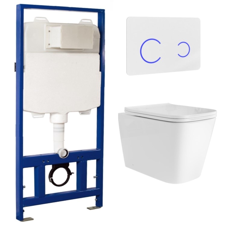 Albi Wall Hung Toilet 1160mm Pneumatic Frame & Cistern & White Glass Flush Plate