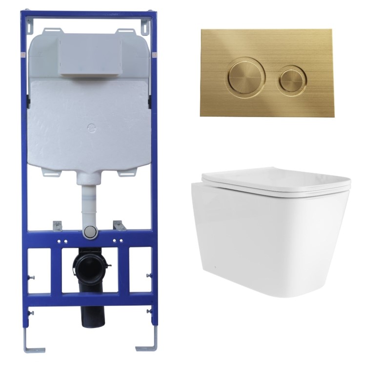 Albi Wall Hung Toilet 1160mm Mechanical WC Frame & Cistern & Brushed Brass Mechanical Flush Plate