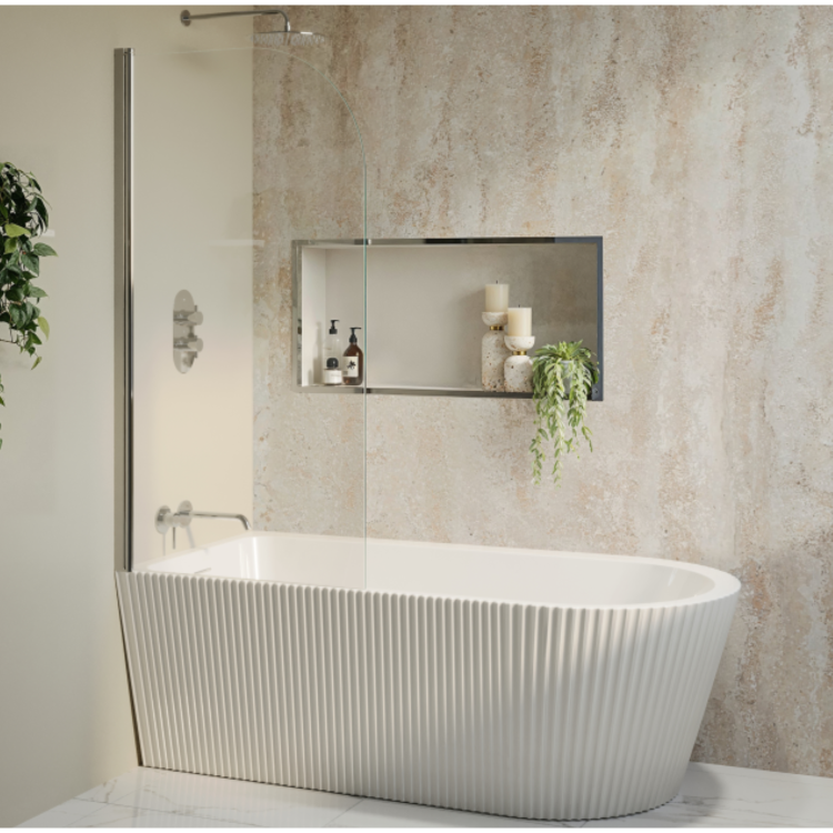 Freestanding Single Ended Left Hand Fluted Corner Bath 1650 x 800mm With Chrome Bath Screen - Amaro