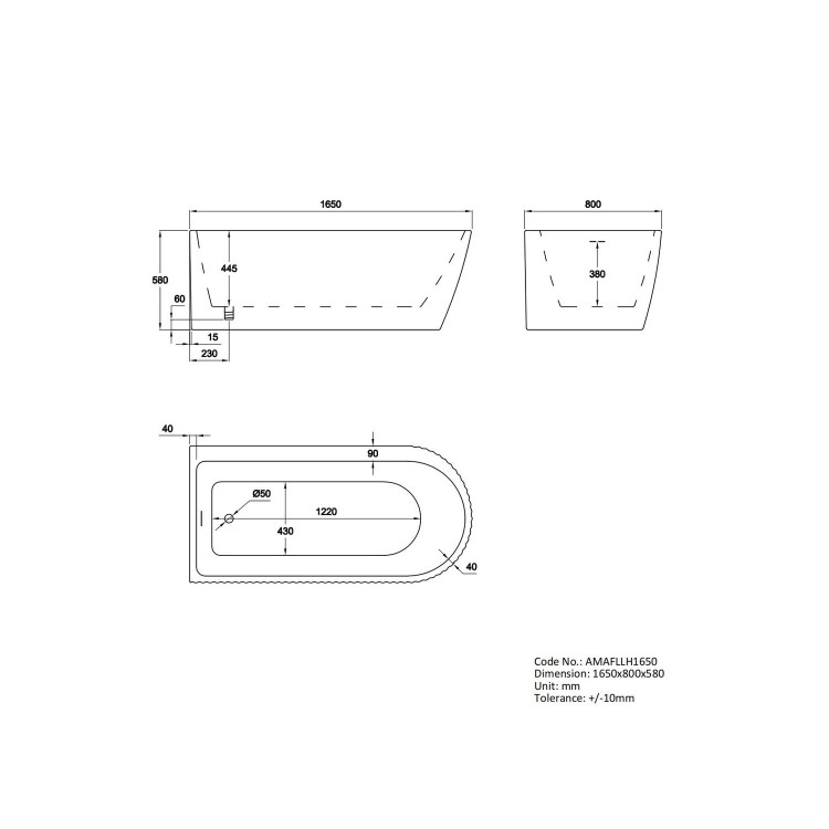 Freestanding Single Ended Left Hand Fluted Corner Bath 1650 x 800mm - Amaro