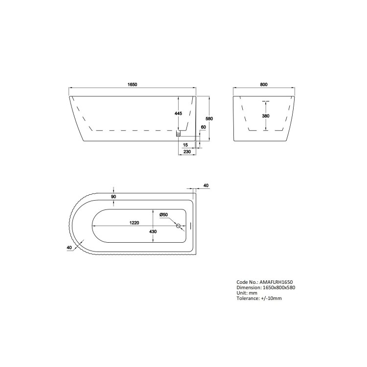 Freestanding Single Ended Right Hand Fluted Corner Bath 1650 x 800mm With Chrome Bath Screen - Amaro