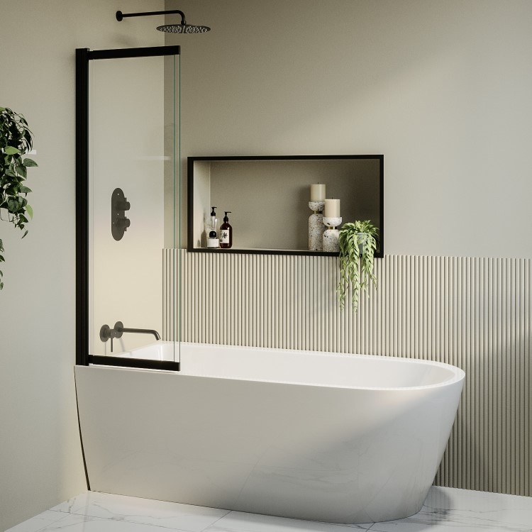 Freestanding Single Ended Left Hand Corner Shower Bath with Black Sliding Bath Screen 1650 x 800mm - Amaro