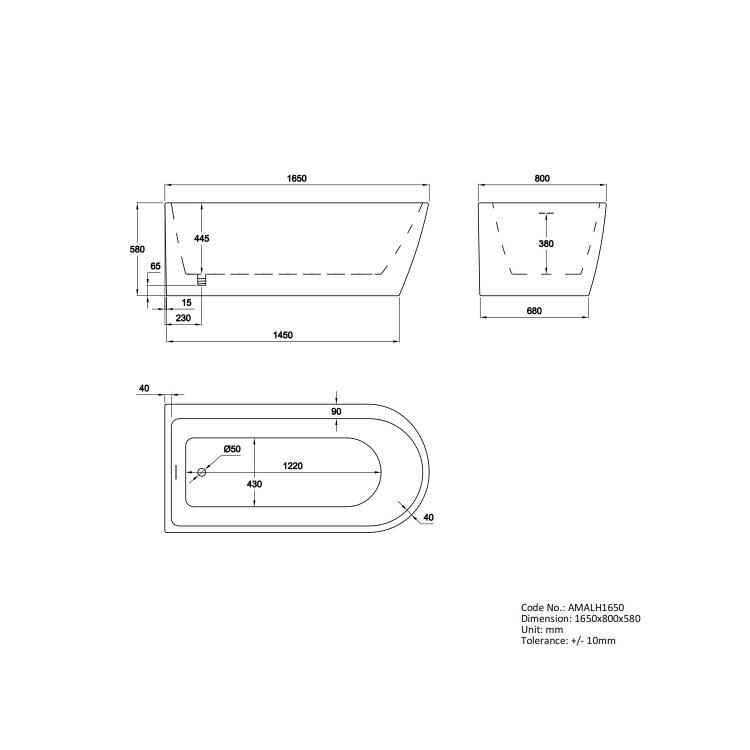 Freestanding Single Ended Left Hand Corner Shower Bath with Black Sliding Bath Screen 1650 x 800mm - Amaro