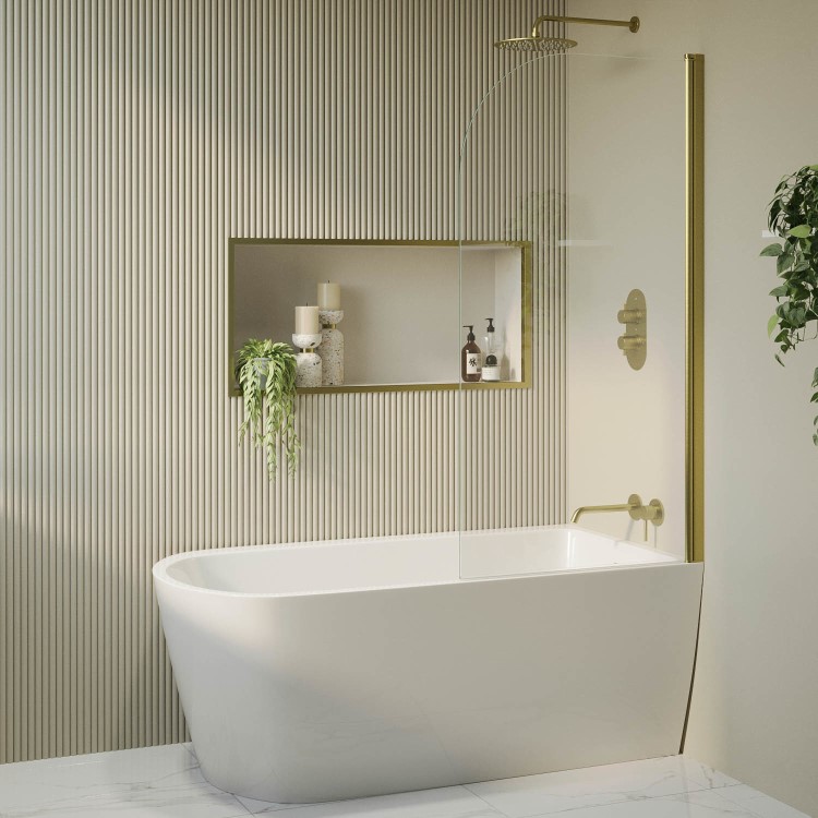 Freestanding Shower Bath Single Ended Right Hand Corner with Brass Bath Screen 1500 x 800mm - Amaro