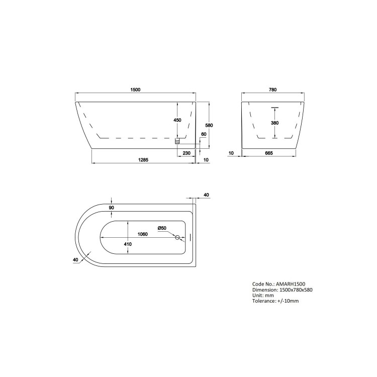 Freestanding Single Ended Right Hand Corner Bath 1500 x 800mm - Amaro