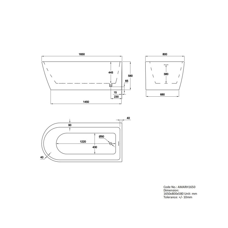 Freestanding Single Ended Right Hand Corner Shower Bath with Black Sliding Bath Screen 1650 x 800mm - Amaro